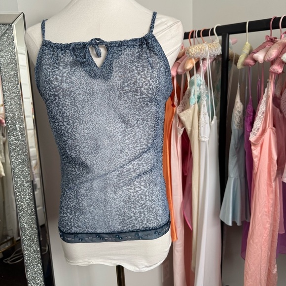Vintage Y2K Blue Leopard Print Top sheer fairycore sequins beaded XS coquette - Picture 3 of 6